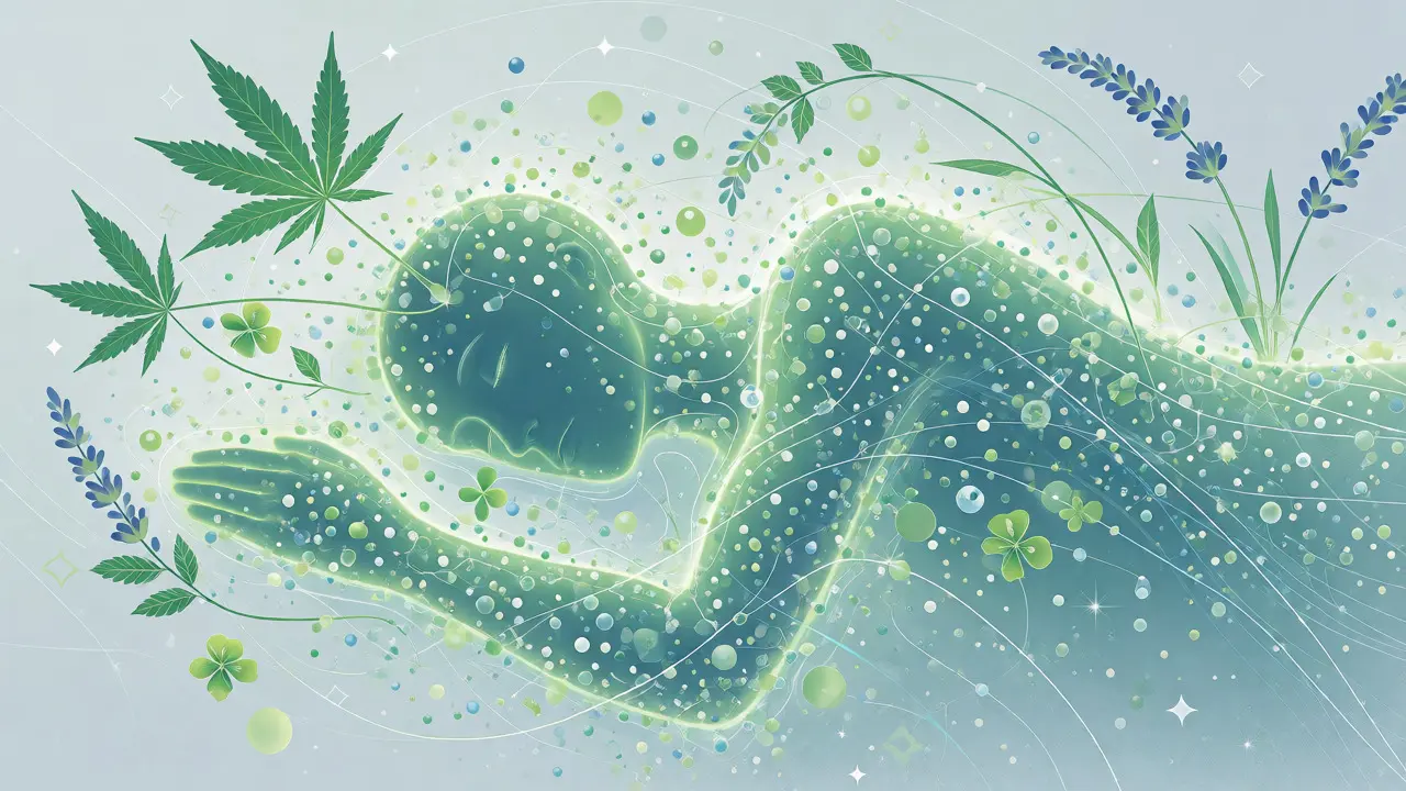 Abstraktní ilustrace klidného spánku obklopeného rostlinnými prvky