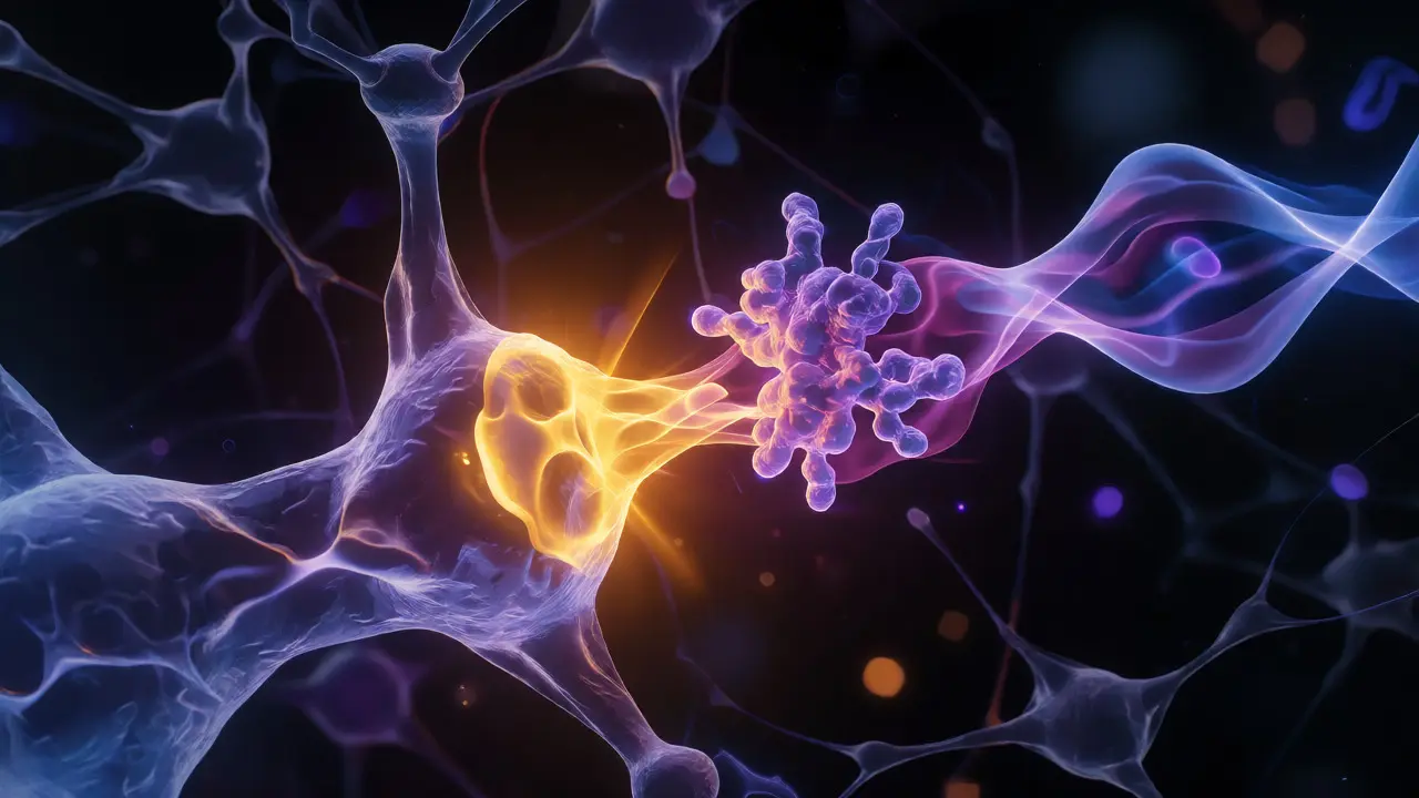 Abstraktní vizualizace molekuly THCP vázané na mozkový receptor
