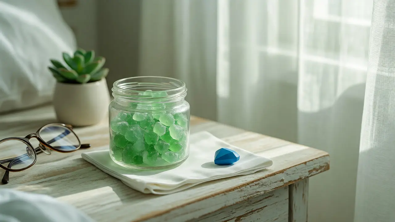 CBD gumové medvídky a modrá pilulka vedle sebe na nočním stolku