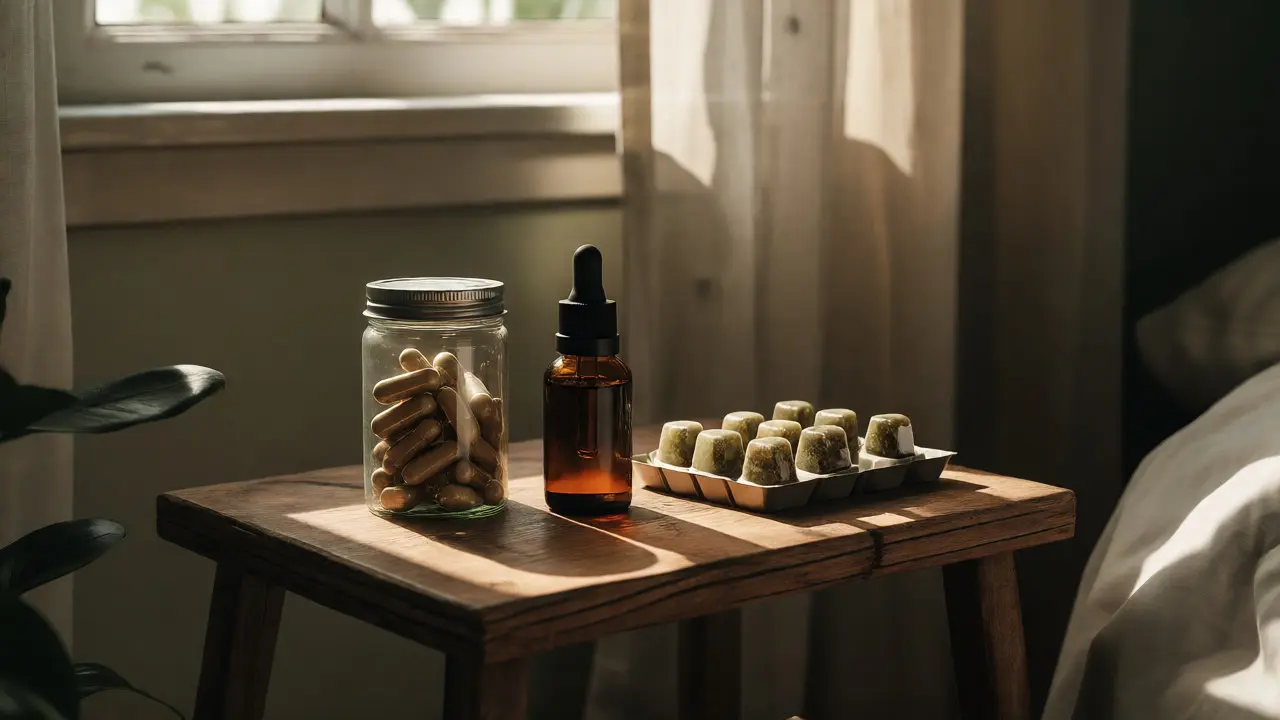CBD produkty uložené na tmavé dřevěné polici
