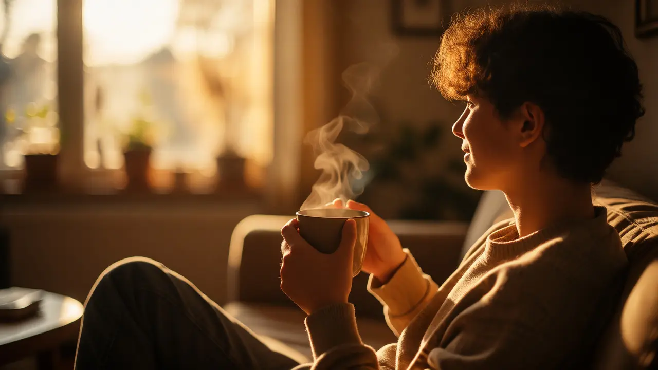 Člověk relaxující v slunečním světle s kávou, ilustrující jasný efekt HHC
