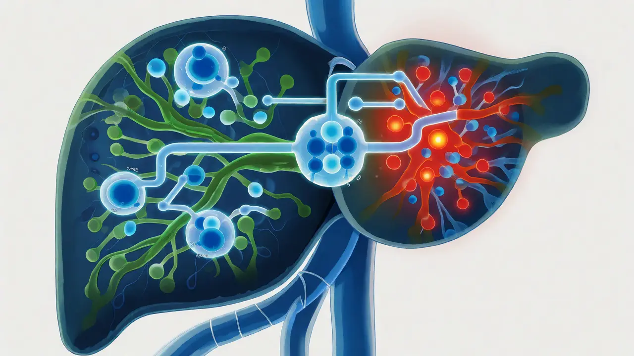 Ilustrace jater s enzymy CYP450 znázorňující metabolické přetížení