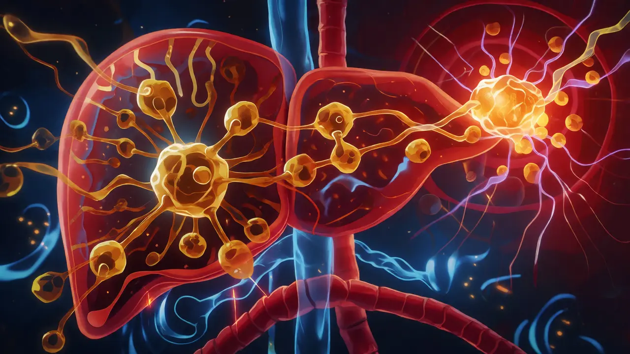Konceptuální ilustrace metabolizmu HHC v játrech, kde molekuly procházejí enzymatickou transformací.