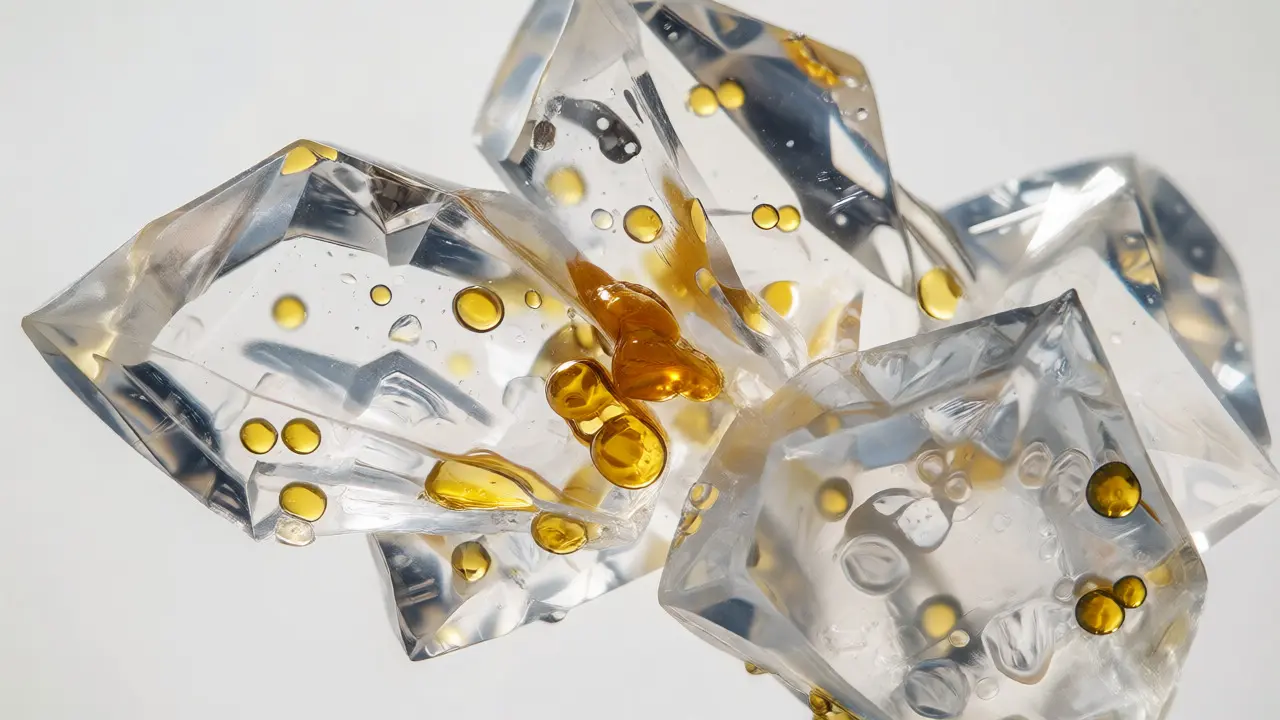 Makro fotografie krystalů CBD s viditelnými mikroskopickými kapkami THC ilustrující kontaminaci.