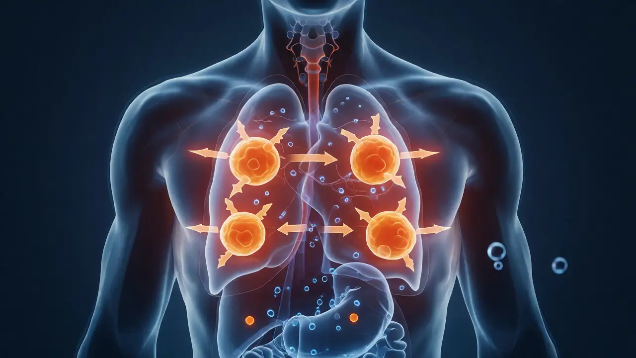 Stylizovaná vizualizace lidského těla s tukovou tkání uvolňující metabolity THC během detoxikace.