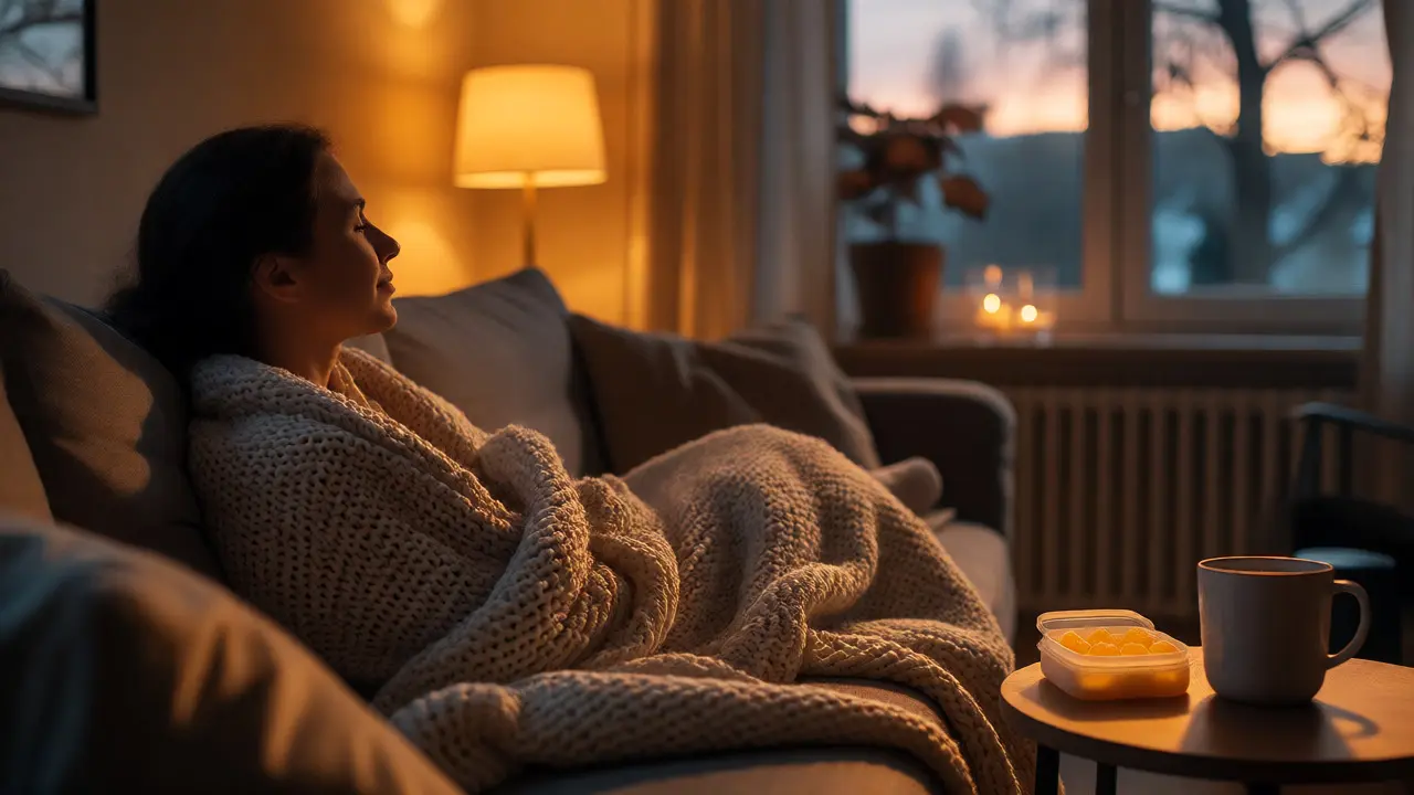 Uvolněná osoba relaxující večer na gauči s krabicí želé vedle sebe.