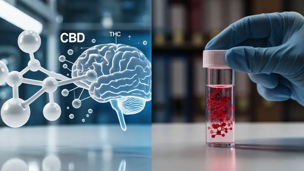 Vizuální znázornění rozdílu mezi čistým CBD a stopovým THC v laboratorním prostředí.
