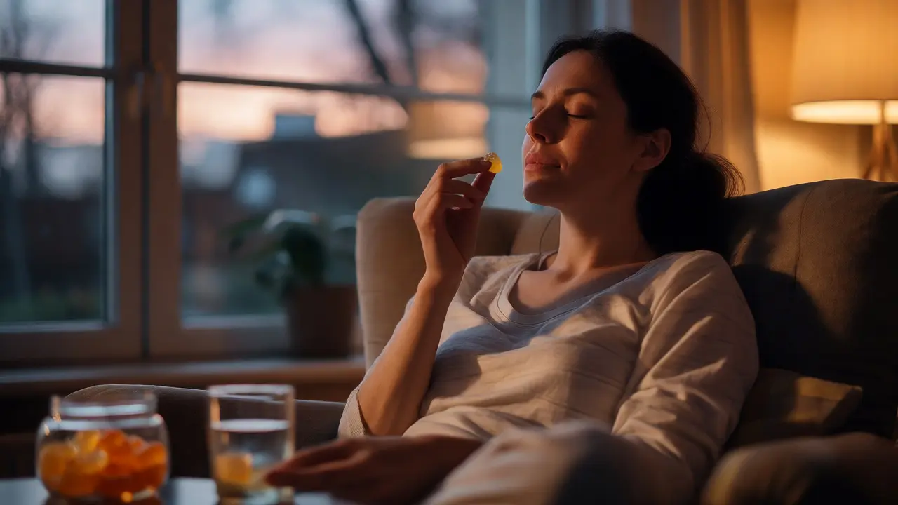 Žena relaxující večer s CBD gumou v ruce